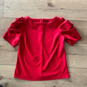 Ann Taylor Bold Red Blouse with Ruched Sleeves